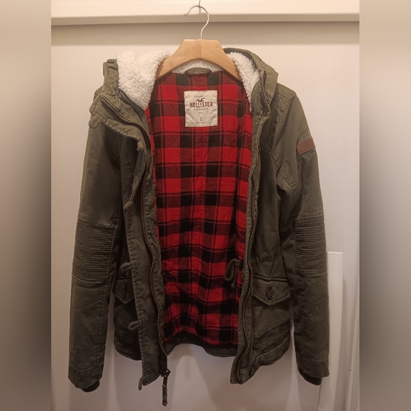 Hollister double lined army green fullzip hooded jacket - Picture 2 of 8